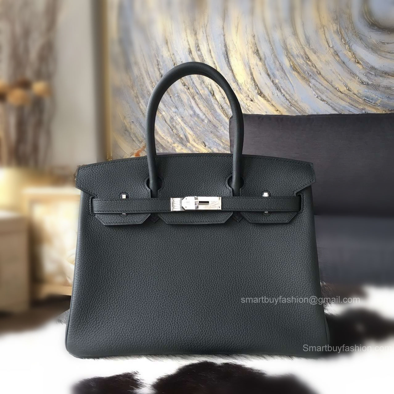 Handstitched Hermes Birkin 30 Bag in ck8p Plomb Togo Calfskin SHW