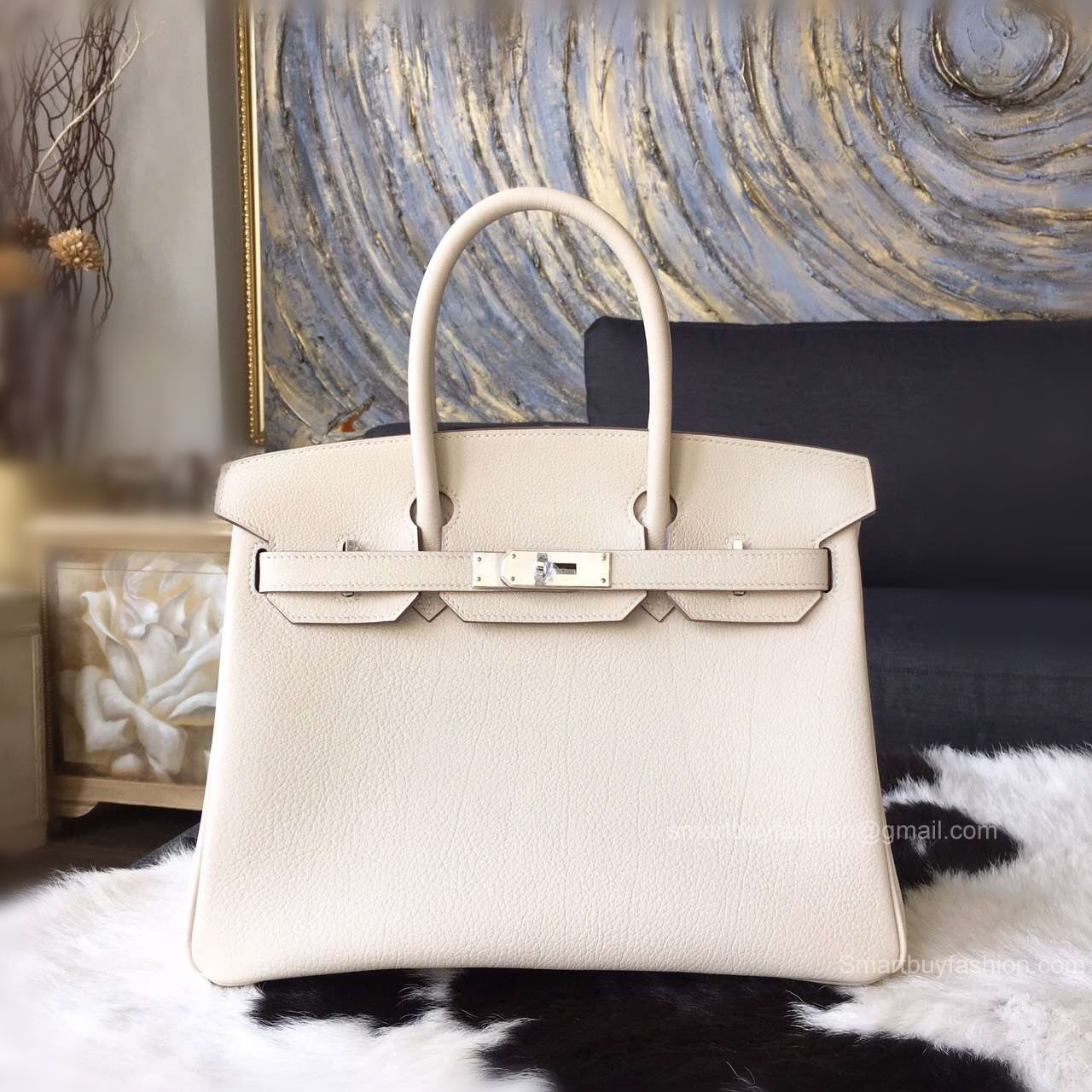 Handstitched Hermes Birkin 30 Bag in cc10 Craie Togo Calfskin SHW