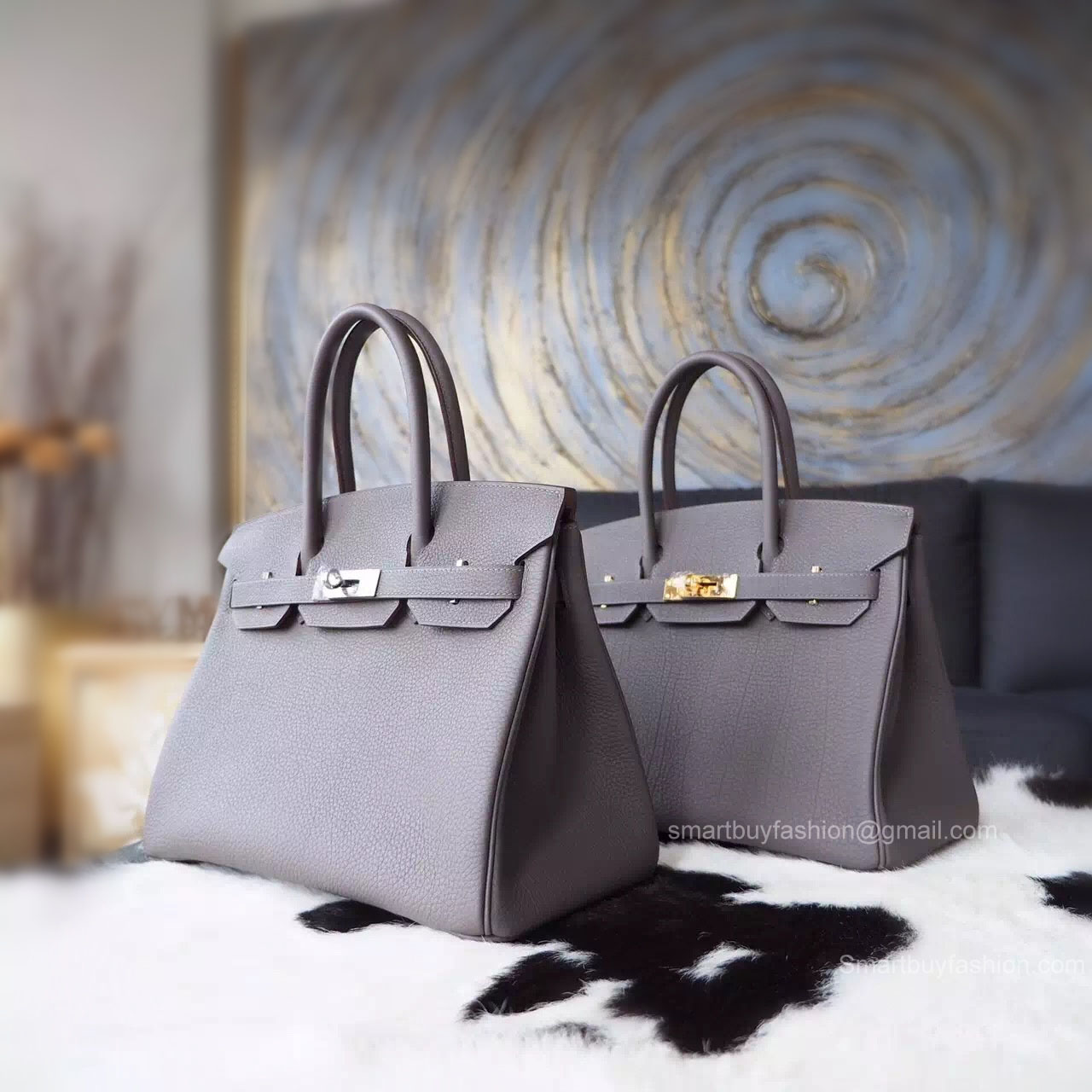 Handstitched Hermes Birkin 30 Bag in 8f Etain Togo Calfskin