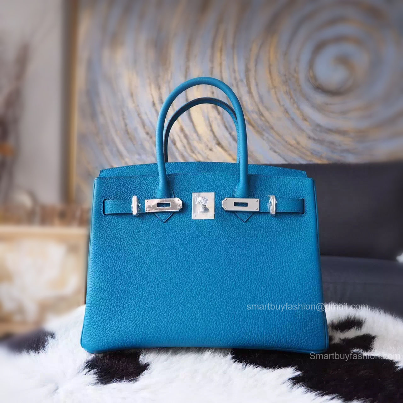 Handstitched Hermes Birkin 30 Bag in 7w Blue Izmir Togo Calfskin SHW