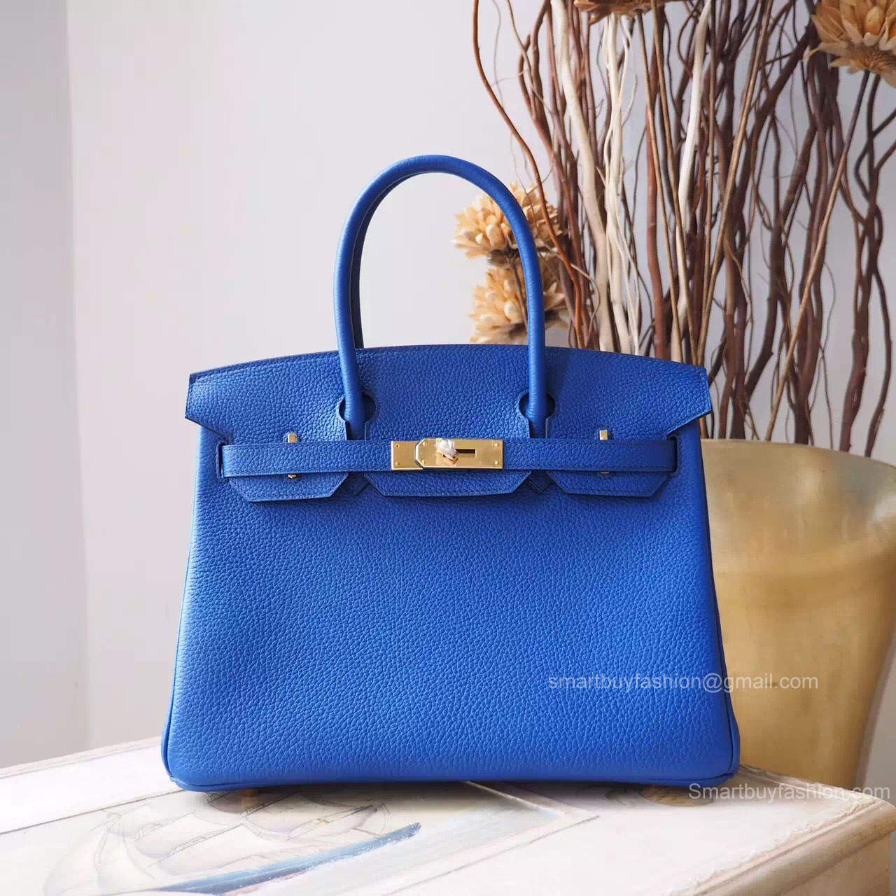 Handstitched Hermes Birkin 30 Bag in 7t Blue Electric Togo Calfskin GHW