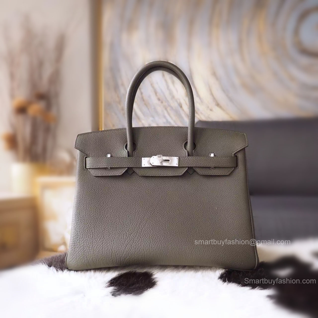 Handstitched Hermes Birkin 30 Bag in 6c Vert Gris Togo Calfskin SHW