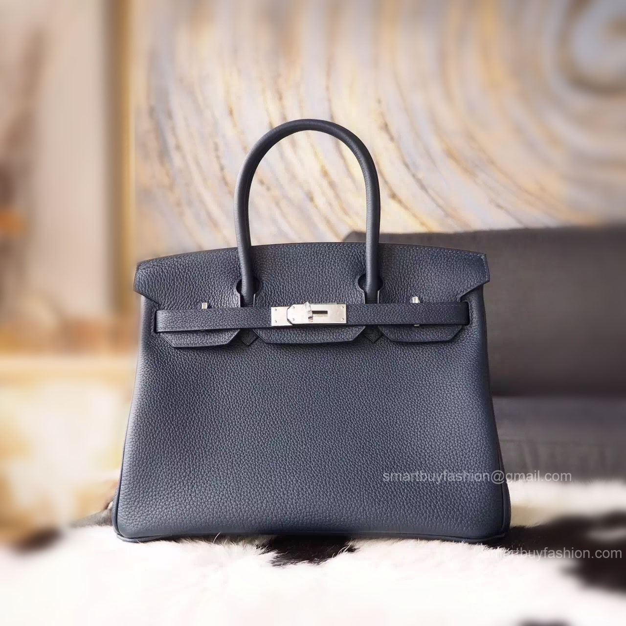 Handstitched Hermes Birkin 30 Bag in 2z Blue Nuit Togo Calfskin SHW