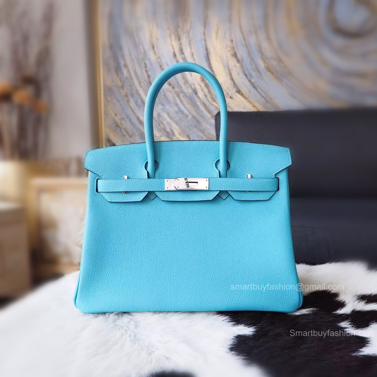Handstitched Hermes Birkin 30 Bag in 3z Blue Saint-Cyr Togo Calfskin SHW