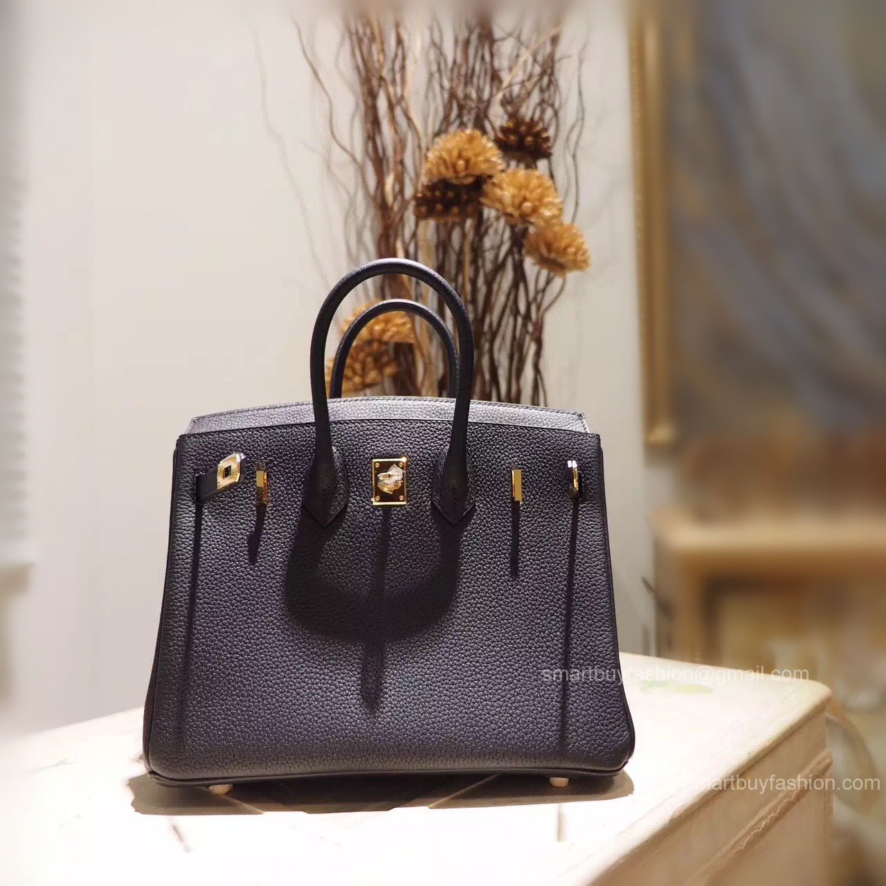 Handstitched Hermes Birkin 25 Bag in ck89 Noir Gold Togo Calfskin GHW