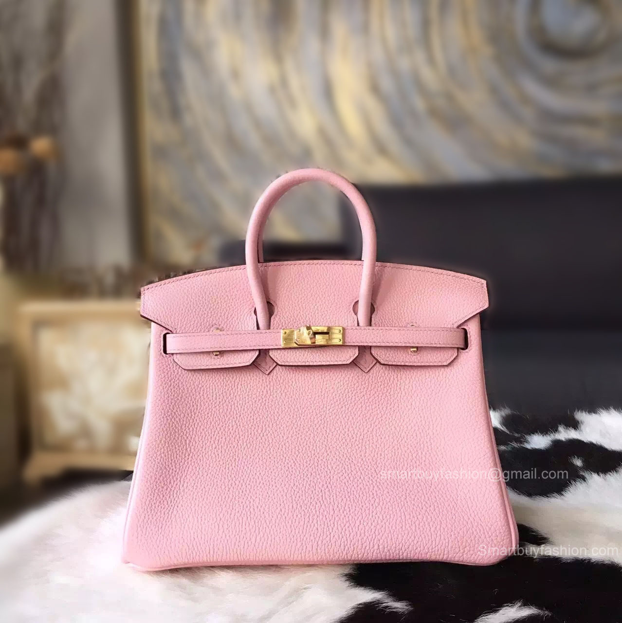 Handstitched Hermes Birkin 25 Bag in 3q Rose Sakura Clemence Calfskin GHW