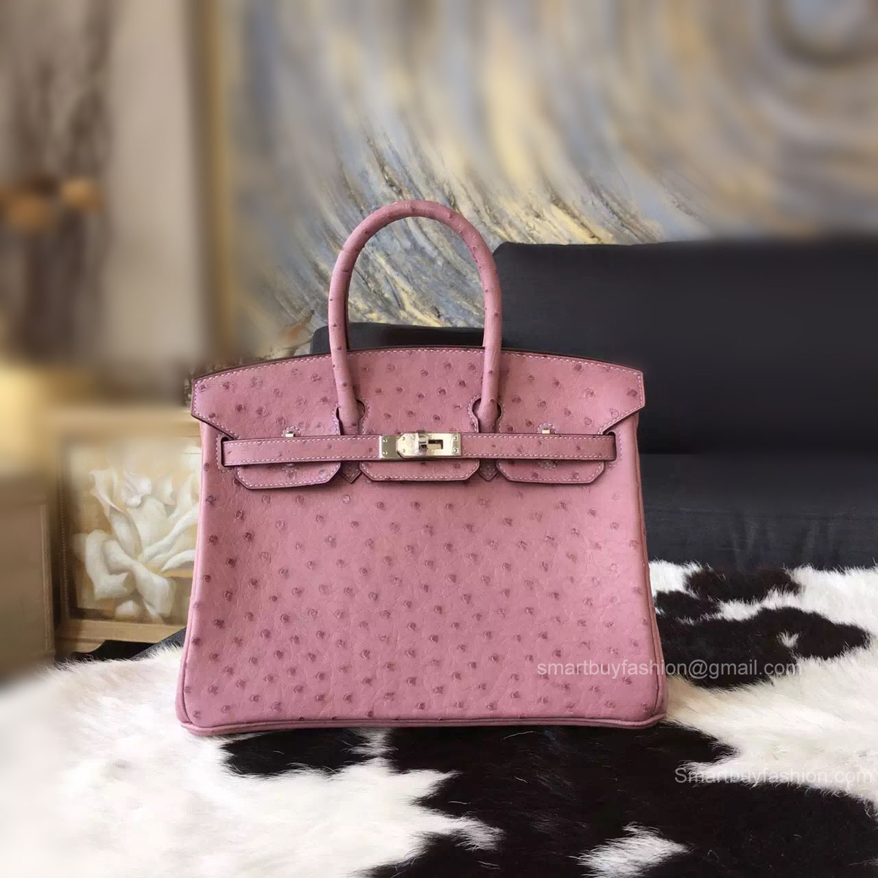 Handstitched Hermes Birkin 25 Bag in Lilas Ostrich SHW
