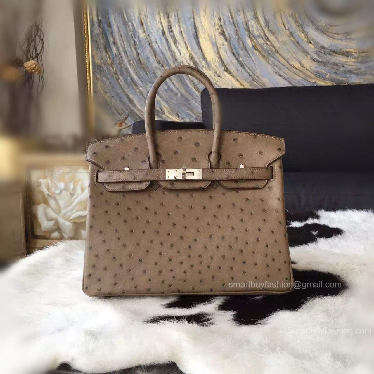 Handstitched Hermes Birkin 25 Bag in ck18 Etoupe Ostrich SHW