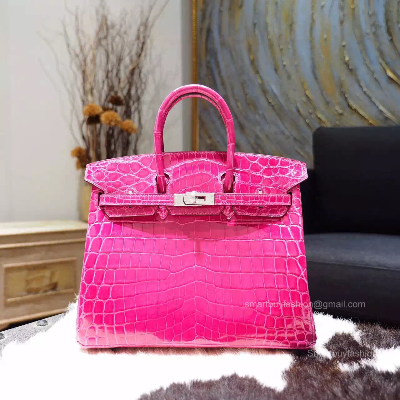 Handstitched Hermes Birkin 25 Bag in j5 Rose Scheherazade Shining Nile Croc SHW