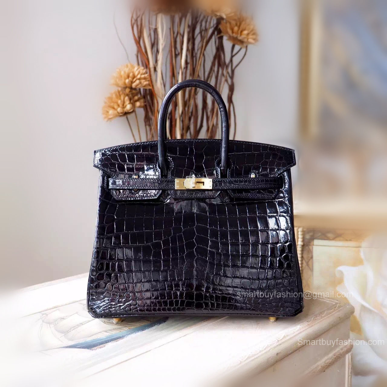 Handstitched Hermes Birkin 25 Bag in ck89 Noir Shining Niloticus Croc GHW