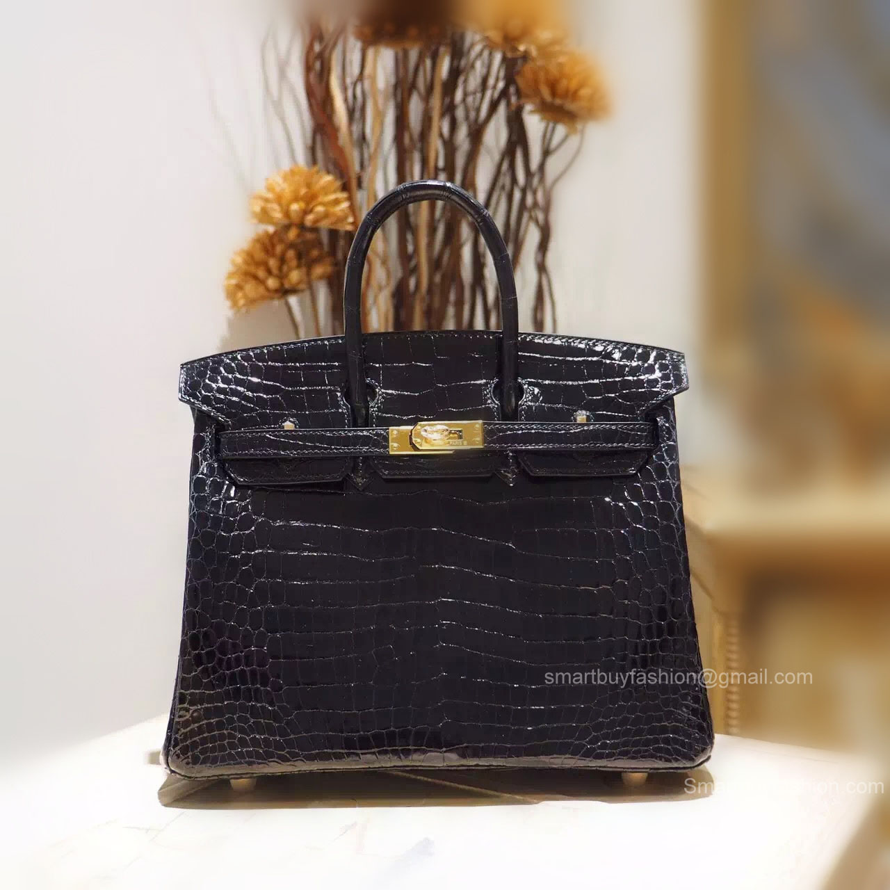 Handstitched Hermes Birkin 25 Bag in ck89 Noir Shining Porosus Croc GHW