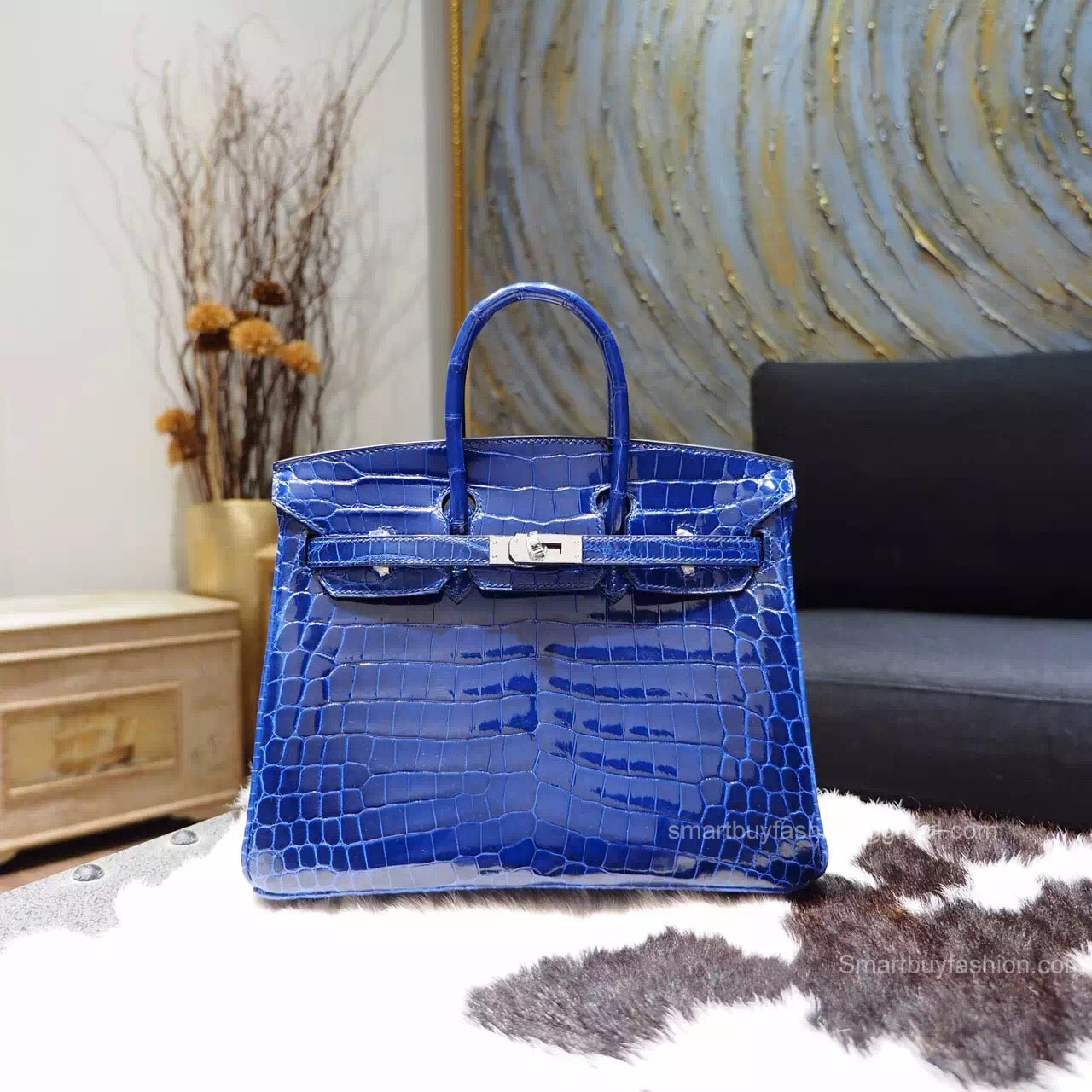 Handstitched Hermes Birkin 25 Bag in 7t Blue Electric Shining Niloticus Croc SHW