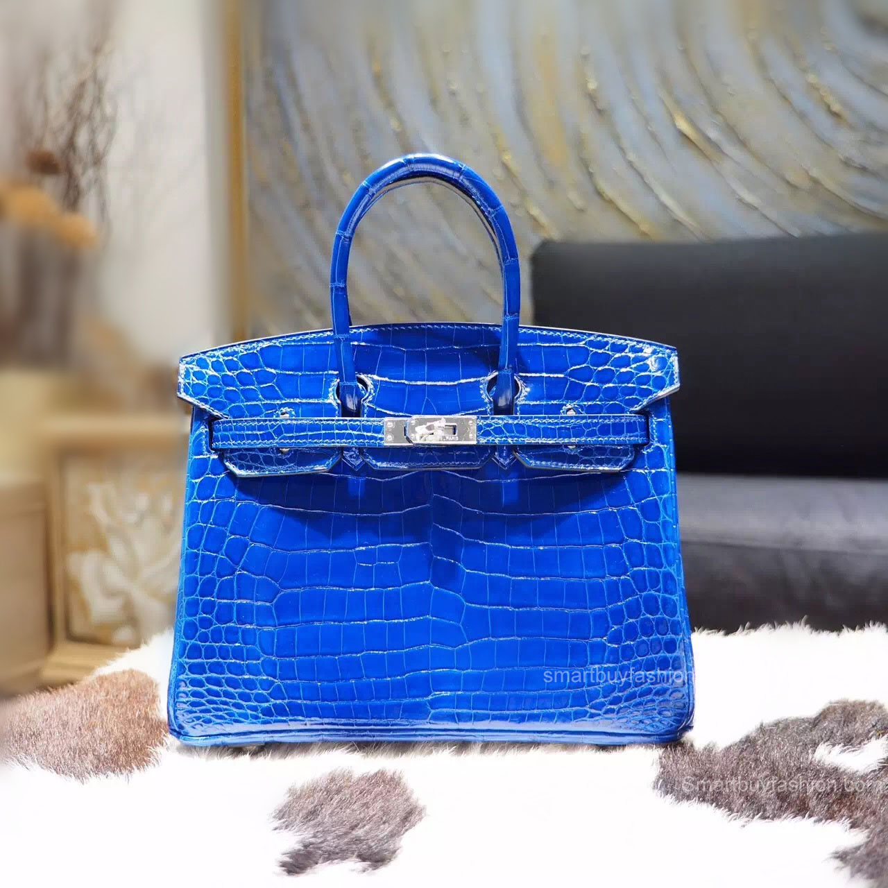 Handstitched Hermes Birkin 25 Bag in 7t Blue Electric Shining Porosus Croc SHW