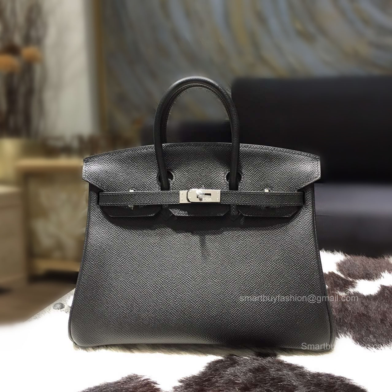 Handstitched Hermes Birkin 25 Bag in ck89 Noir Epsom Calfskin SHW