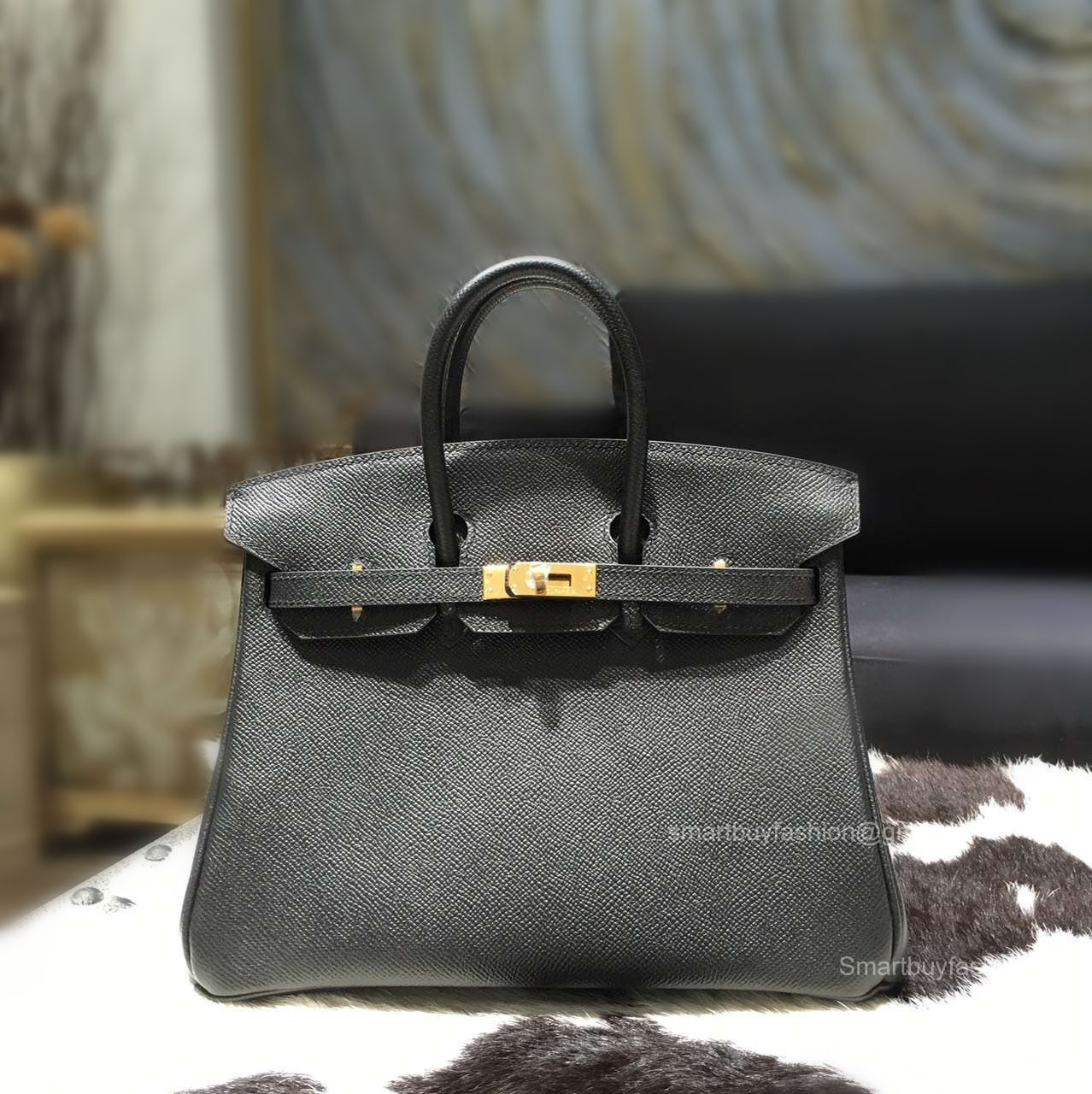 Handstitched Hermes Birkin 25 Bag in ck89 Noir Epsom Calfskin GHW