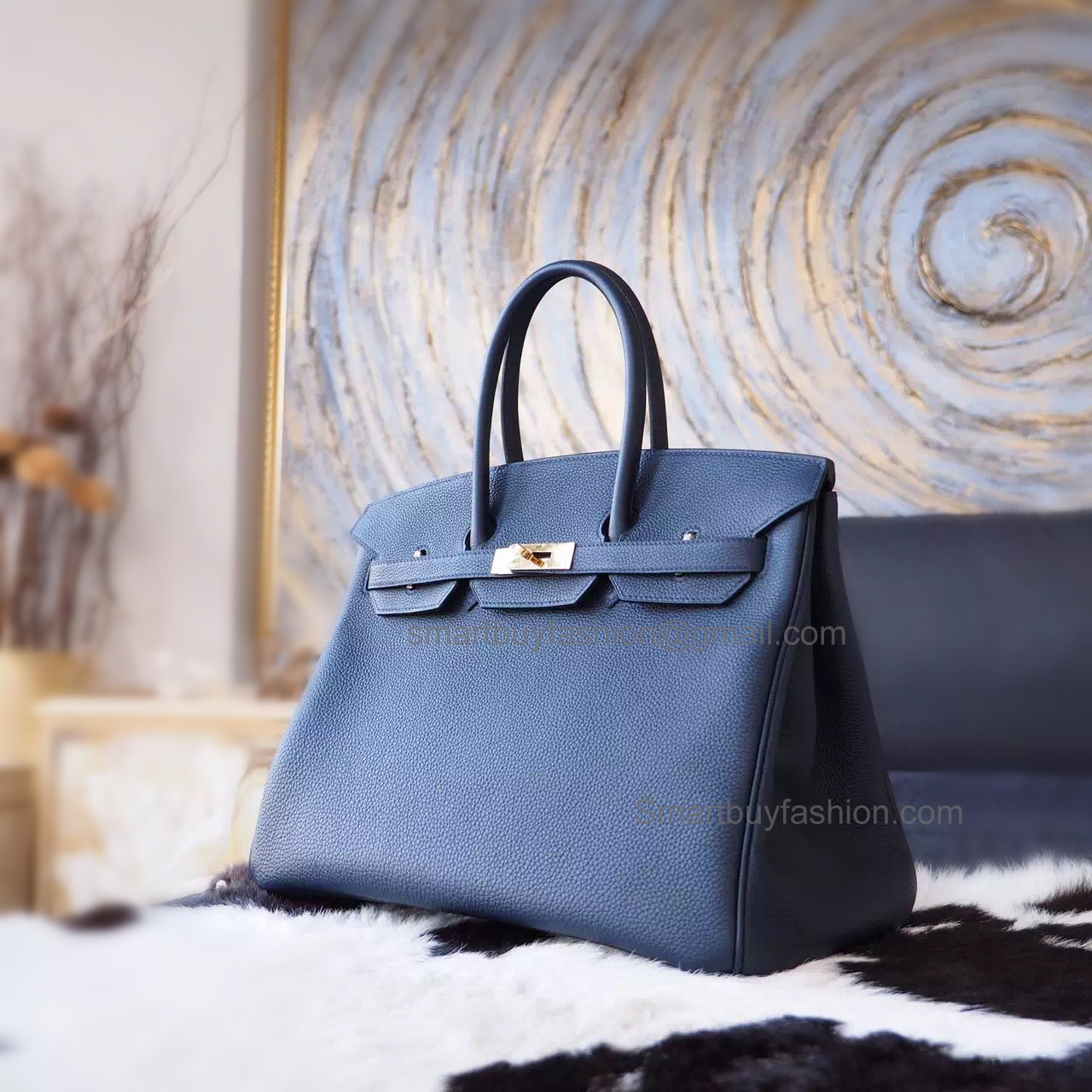 Hand Stitched Hermes Birkin 35 Bag in ck37 Blue Saphir Togo Calfskin GHW