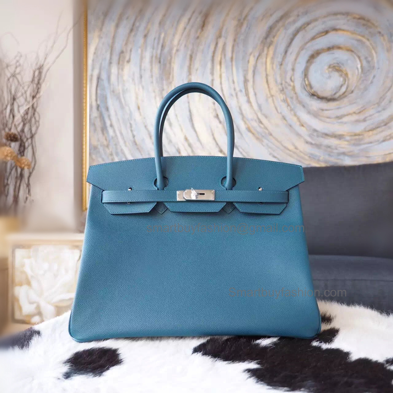 Hand Stitched Hermes Birkin 35 Bag in s7 Blue De Galice Epsom Calfskin SHW
