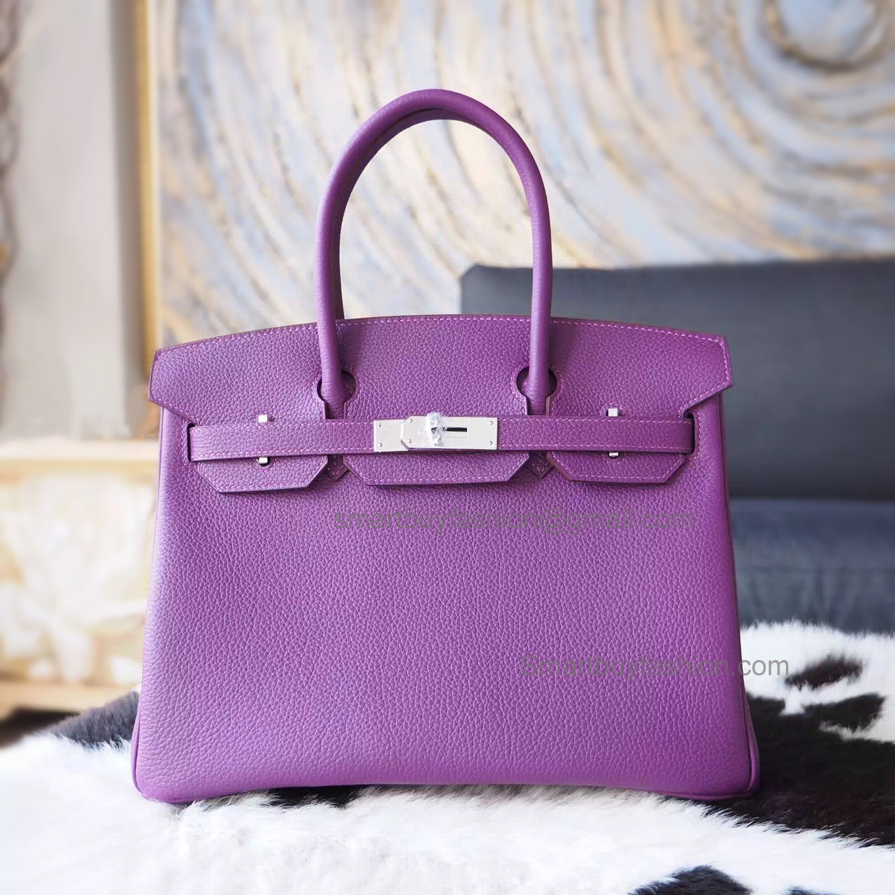 Hand Stitched Hermes Birkin 30 Bag in p9 Anemone Togo Calfskin SHW