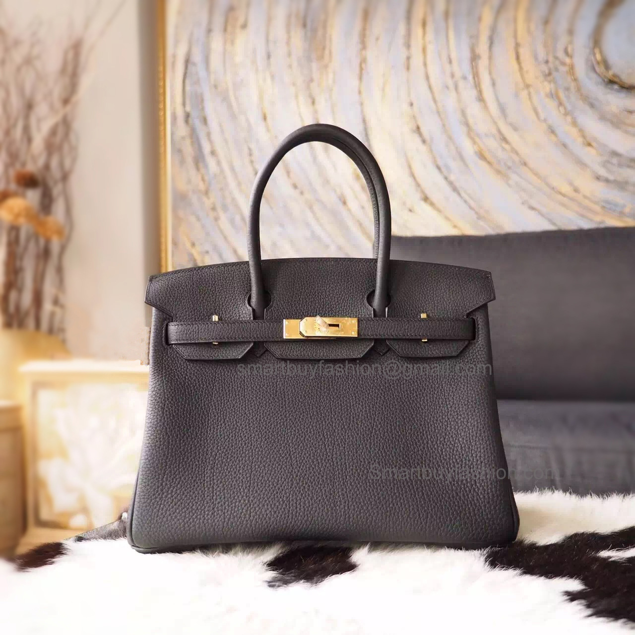 Hand Stitched Hermes Birkin 30 Bag in ck89 Noir Togo Calfskin GHW