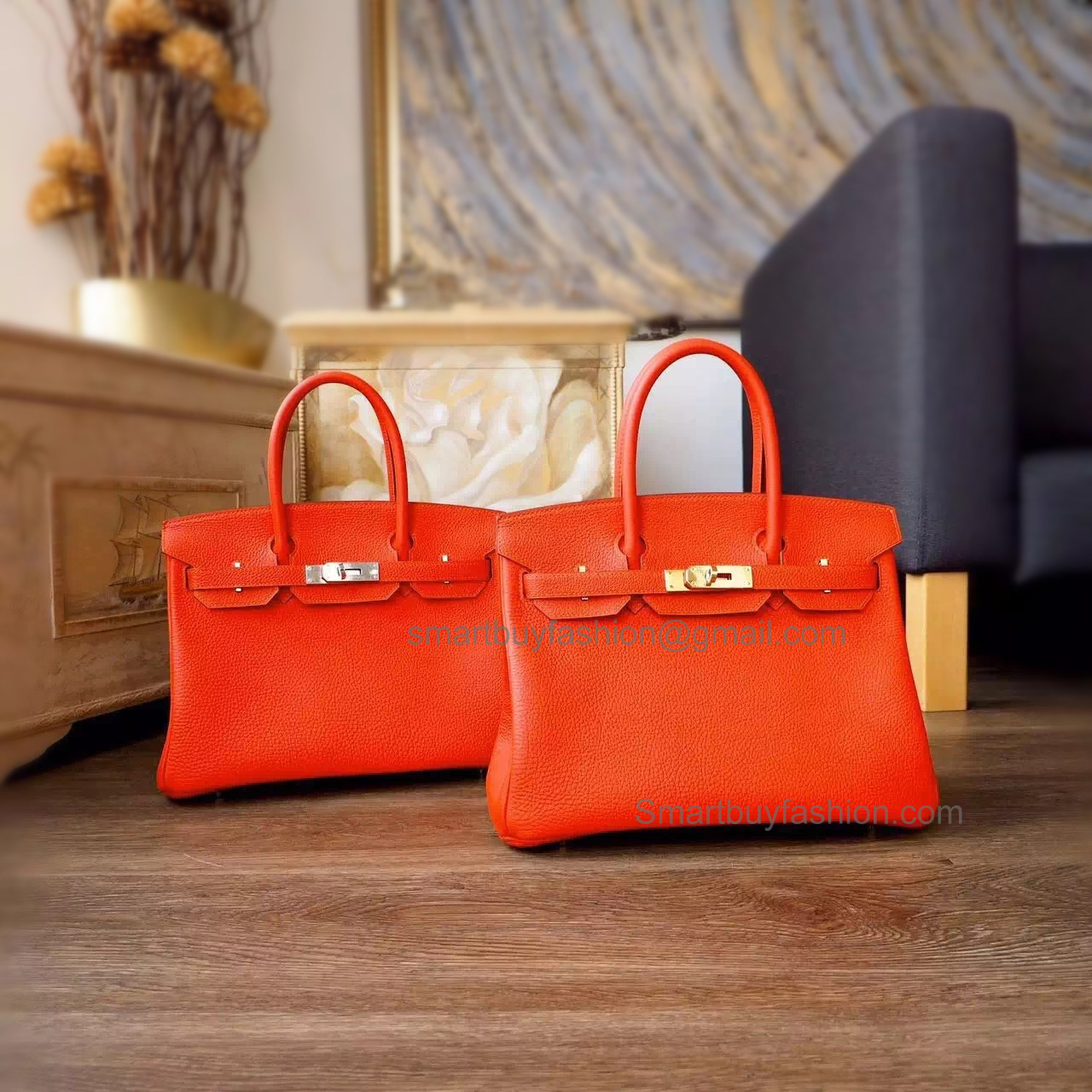 Hand Stitched Hermes Birkin 30 Bag in 8v Orange Poppy Togo Calfskin
