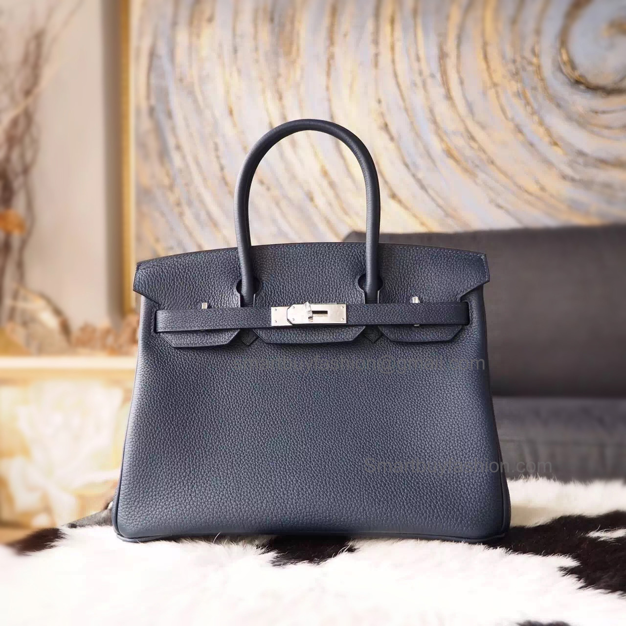 Hand Stitched Hermes Birkin 30 Bag in 2z Blue Nuit Togo Calfskin SHW