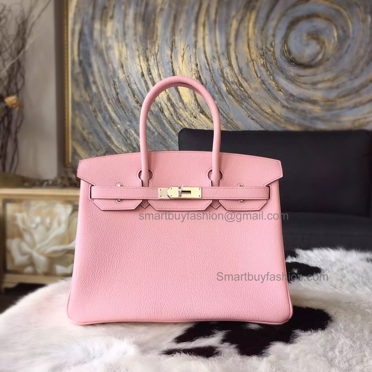 Hand Stitched Hermes Birkin 30 Bag in 3q rose Sakura Clemence Calfskin SHW
