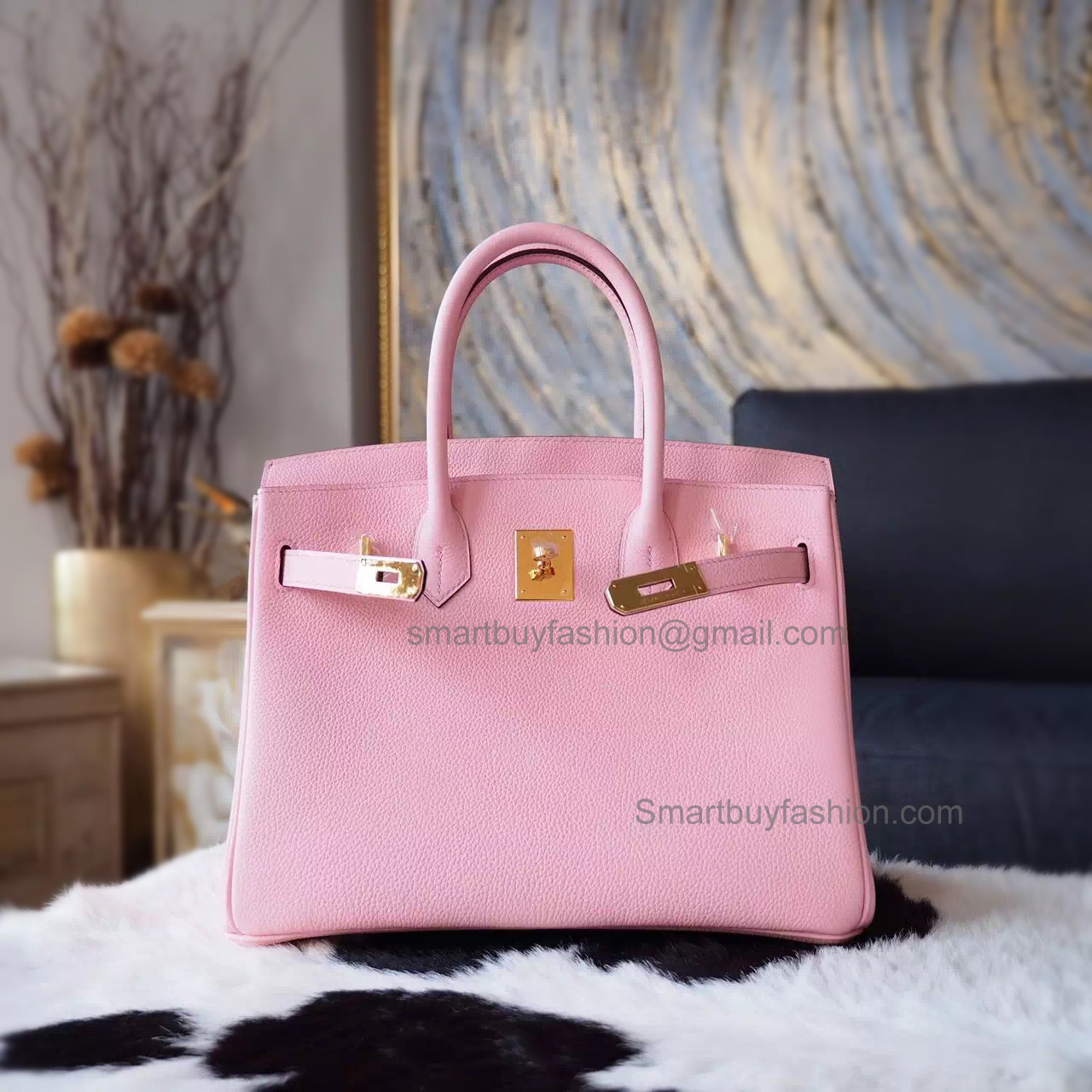 Hand Stitched Hermes Birkin 30 Bag in 3q Rose Sakura Clemence Calfskin GHW