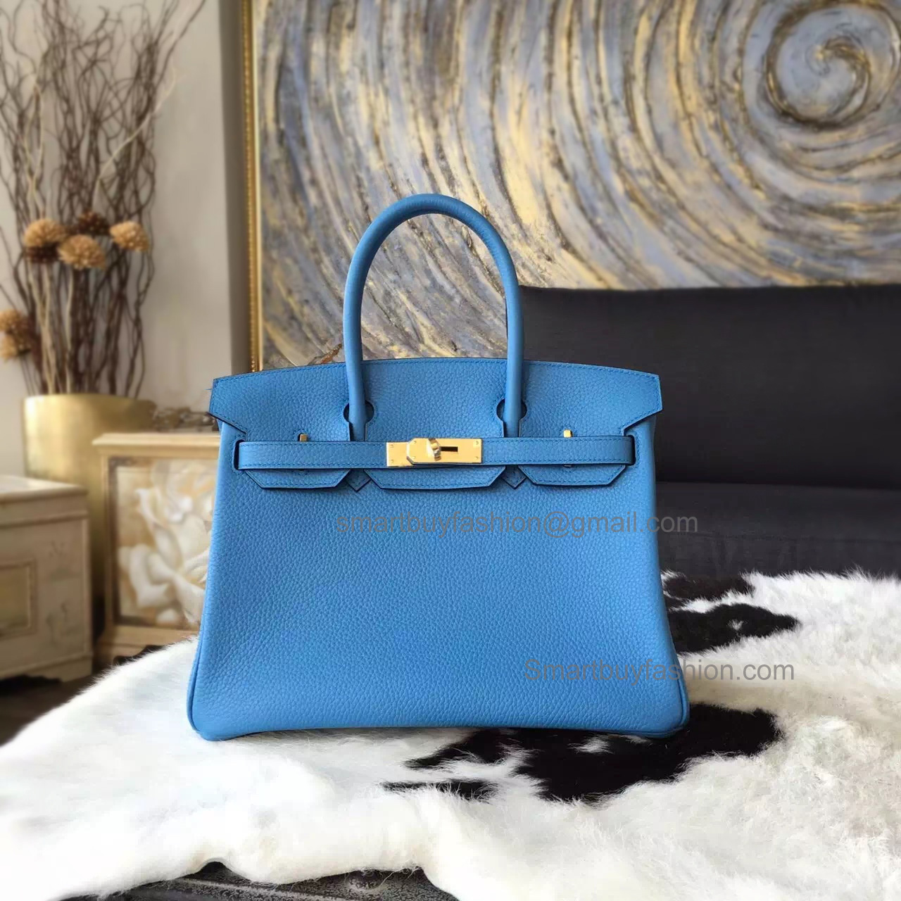 Hand Stitched Hermes Birkin 30 Bag in 2t Blue Paradise Clemence Calfskin GHW