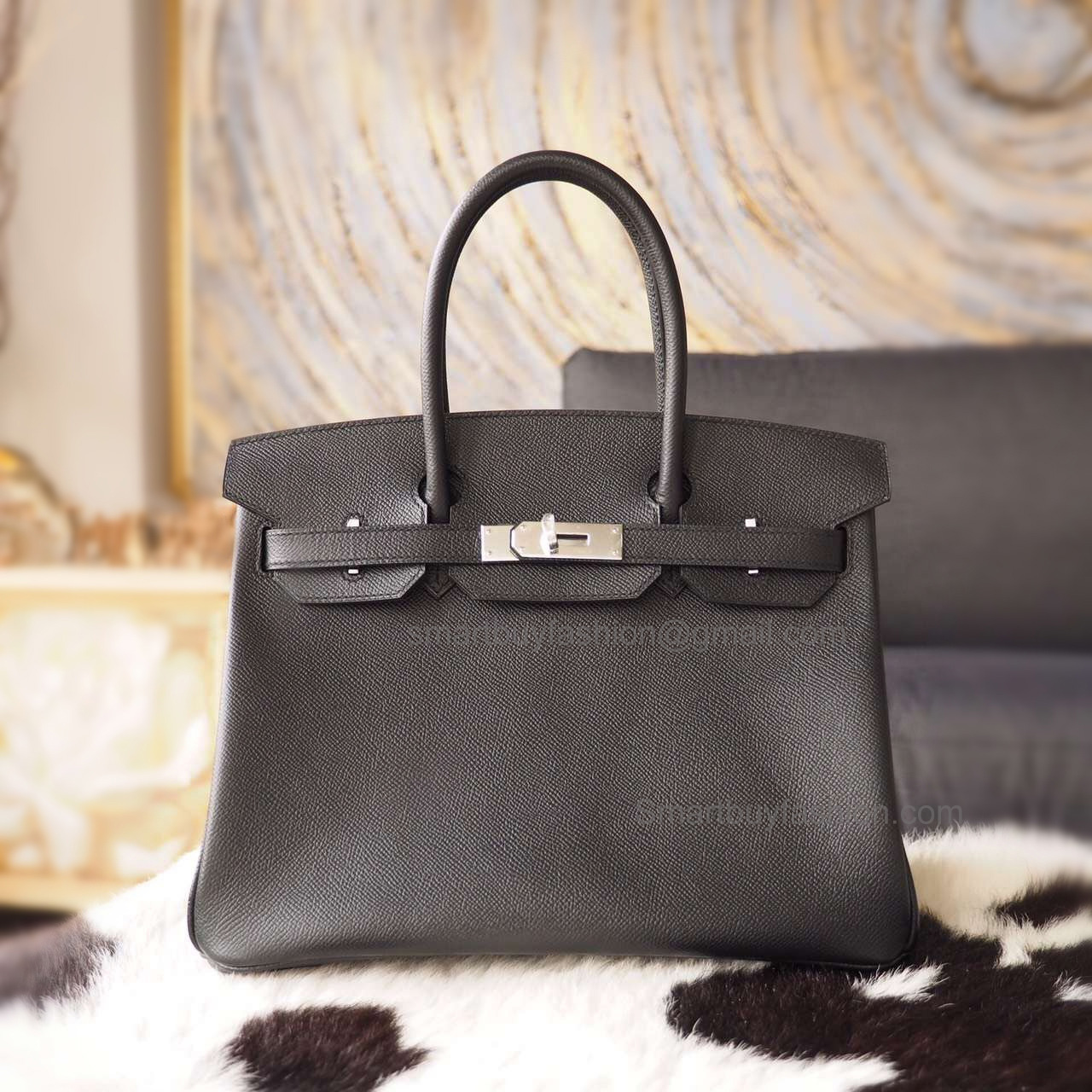 Hand Stitched Hermes Birkin 30 Bag in ck89 Noir Epsom Calfskin SHW