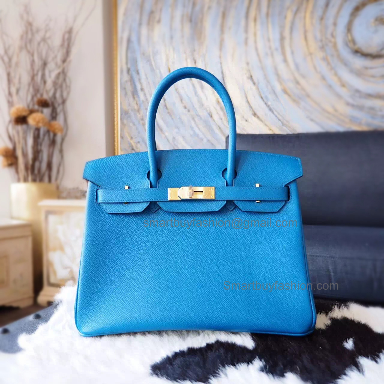 Hand Stitched Hermes Birkin 30 Bag in 7w Blue Izmir Epsom Calfskin GHW