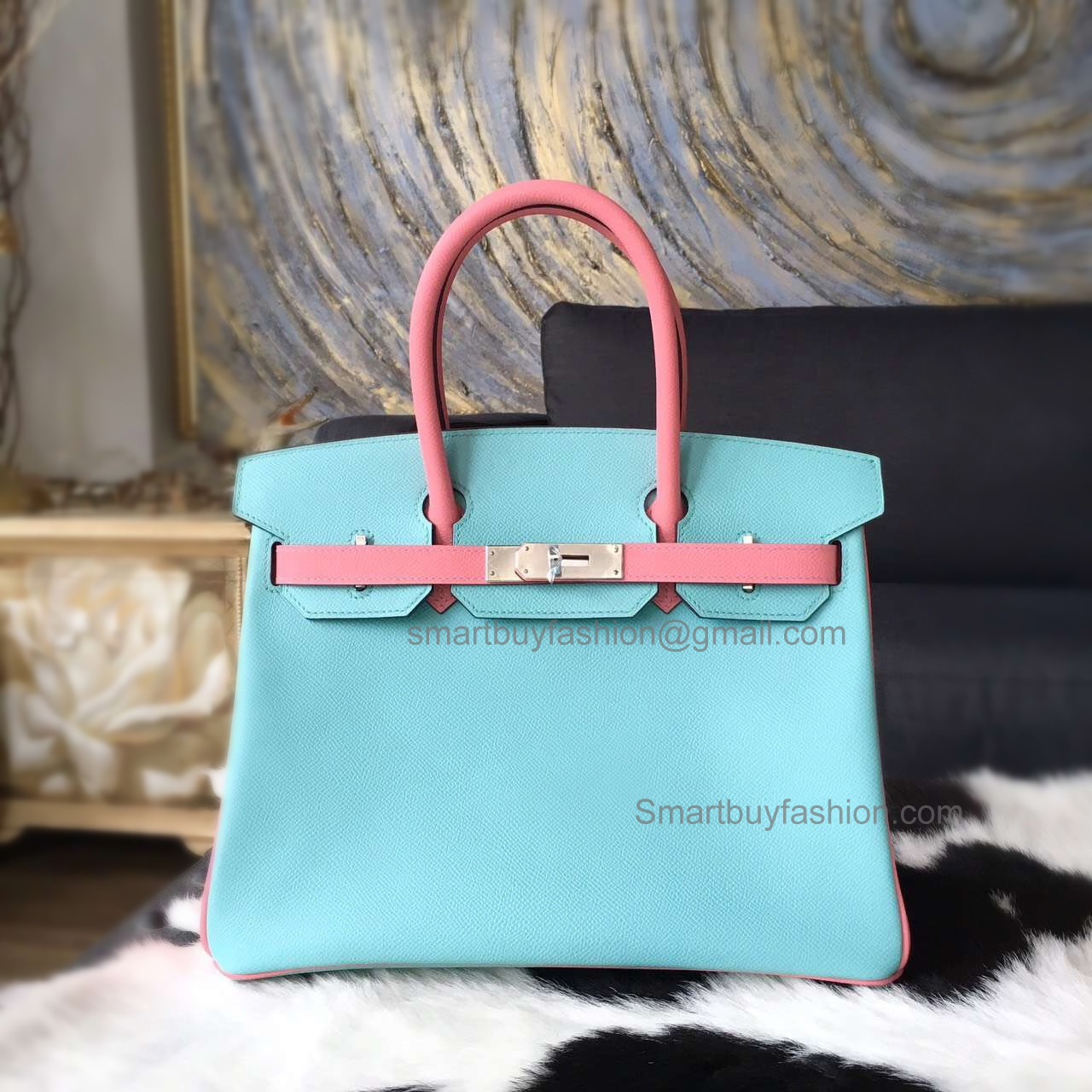 Hand Stitched Hermes Birkin 30 Bag in Bicolored 3p Blue Atoll Epsom Calfskin SHW