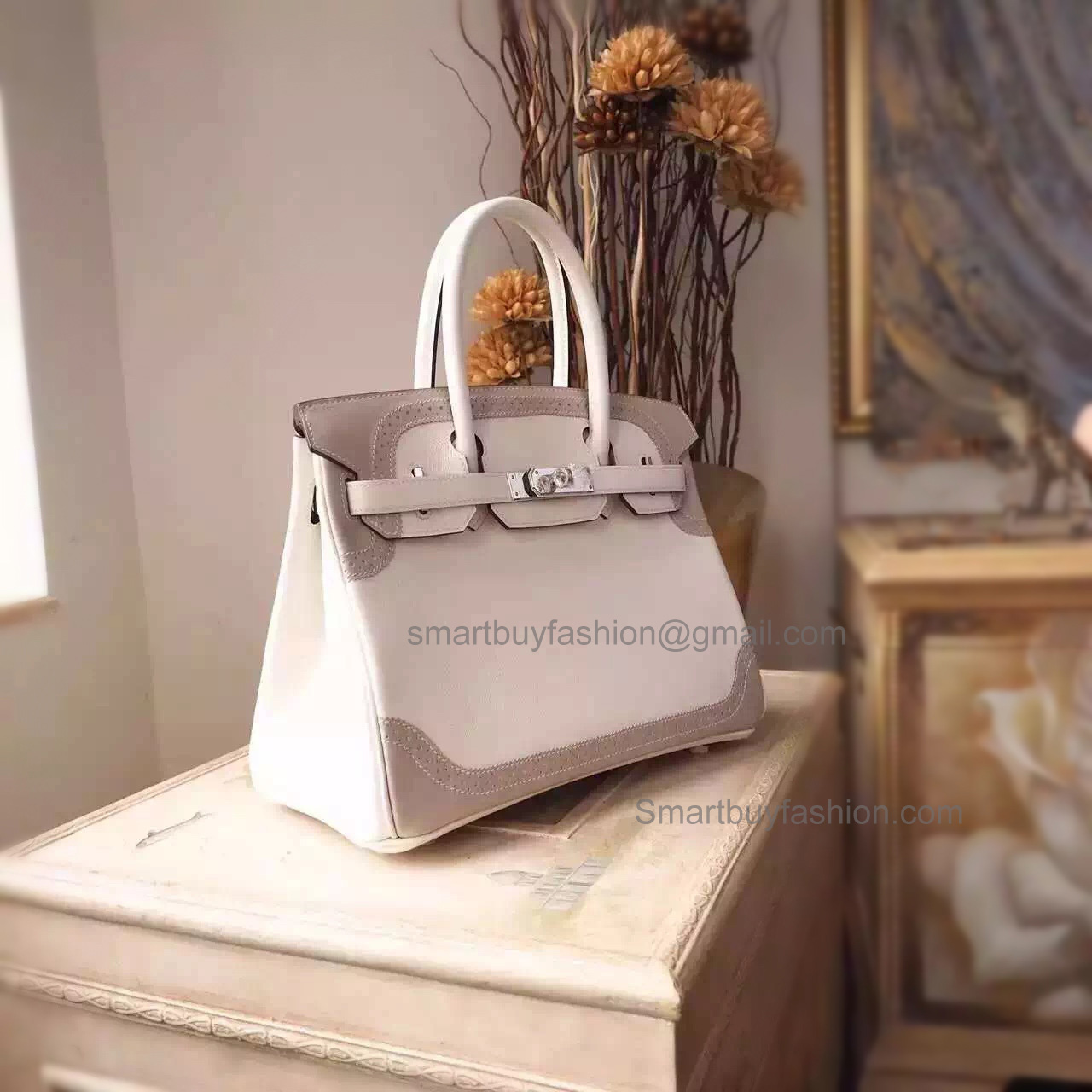 Hand Stitched Hermes Birkin 30 Ghillies Bag in Bicolored cc01 Blanc Calfskin SHW