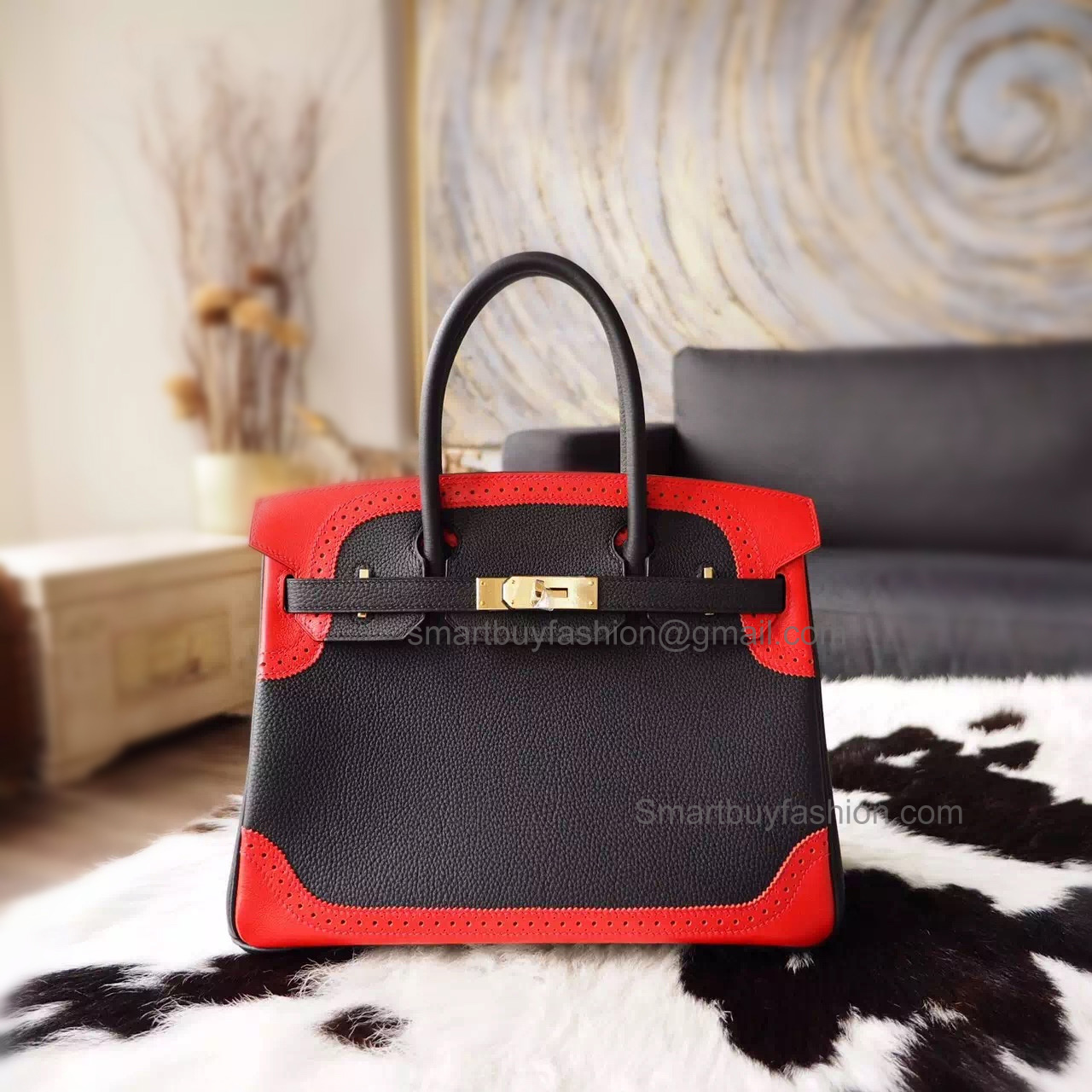 Hand Stitched Hermes Birkin 30 Ghillies Bag in Bicolored ck89 Noir Calfskin GHW