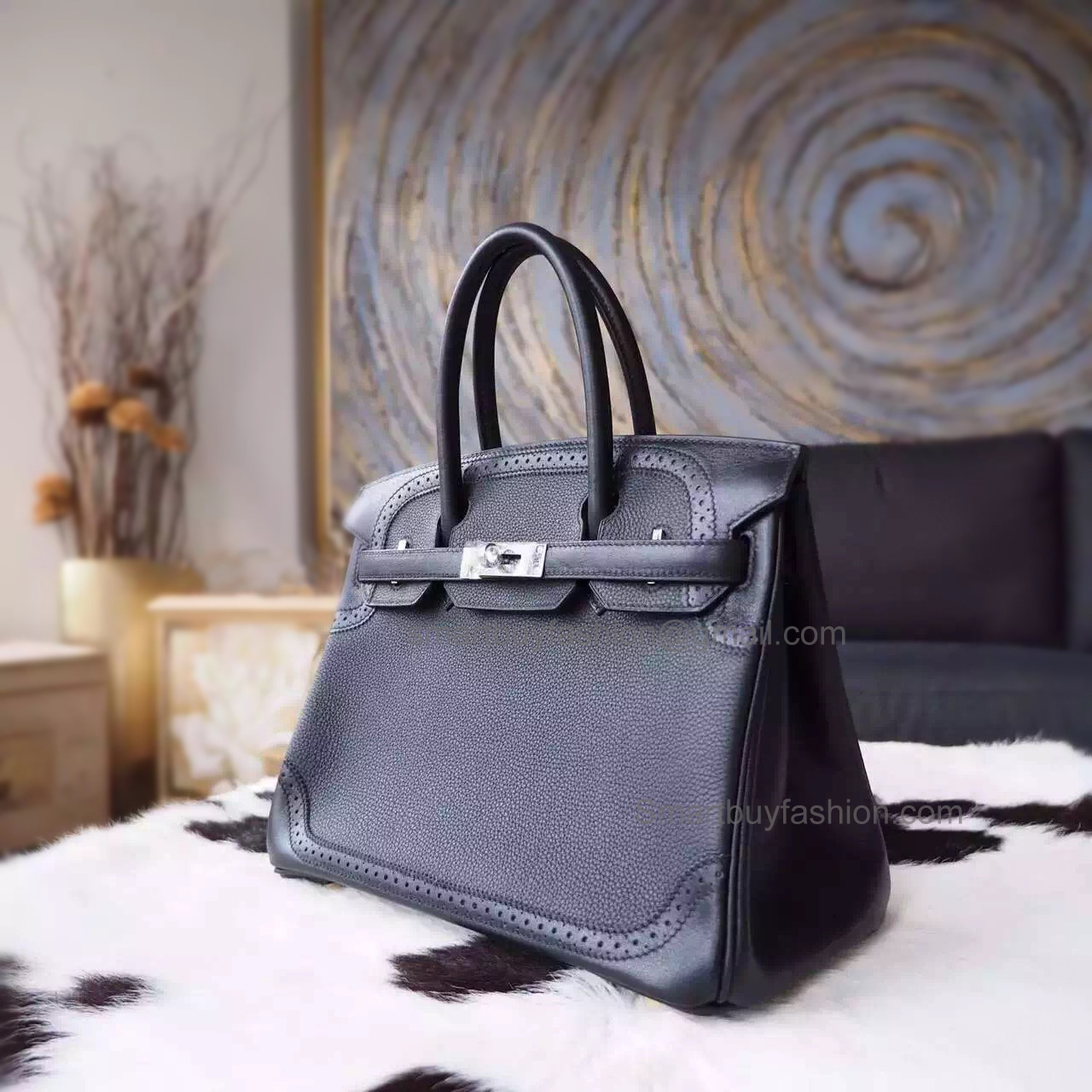 Hand Stitched Hermes Birkin 30 Ghillies Bag in ck89 Noir Calfskin SHW