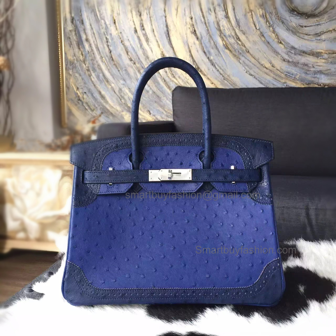 Handstitched Birkin 30 Ghillies Bag in Multicolored ck73 Blue Saphir Ostrich SHW