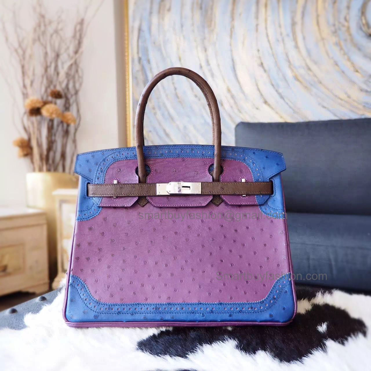 Handstitched Hermes Birkin 30 Ghillies Bag in Multicolored 5c Violet Ostrich SHW