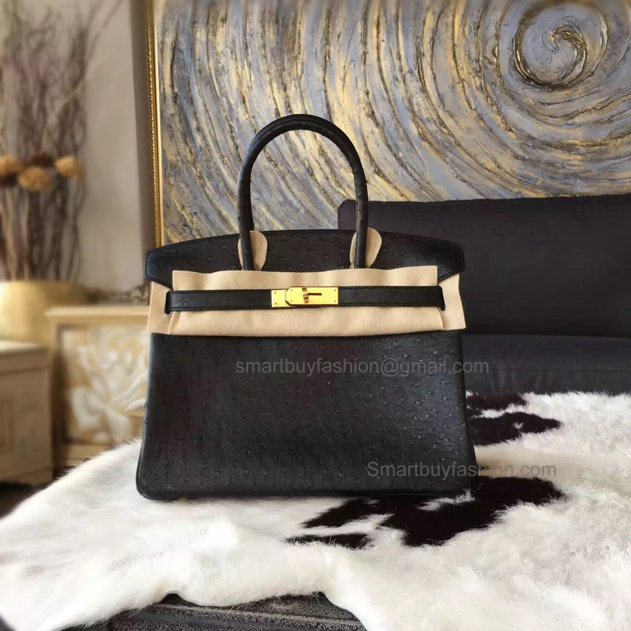 Hand Stitched Hermes Birkin 30 Bag in ck89 Noir Ostrich GHW