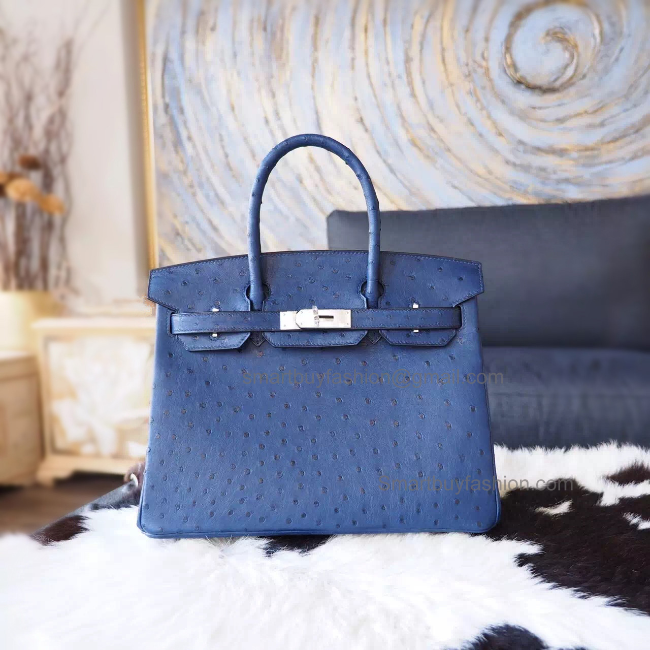 Hand Stitched Hermes Birkin 30 Bag in 7L Blue Malte Ostrich SHW