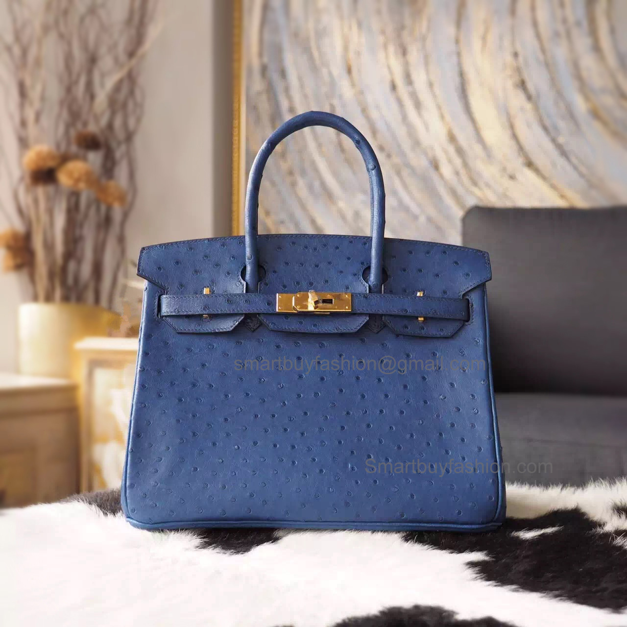Hand Stitched Hermes Birkin 30 Bag in 7L Blue Malte Ostrich GHW