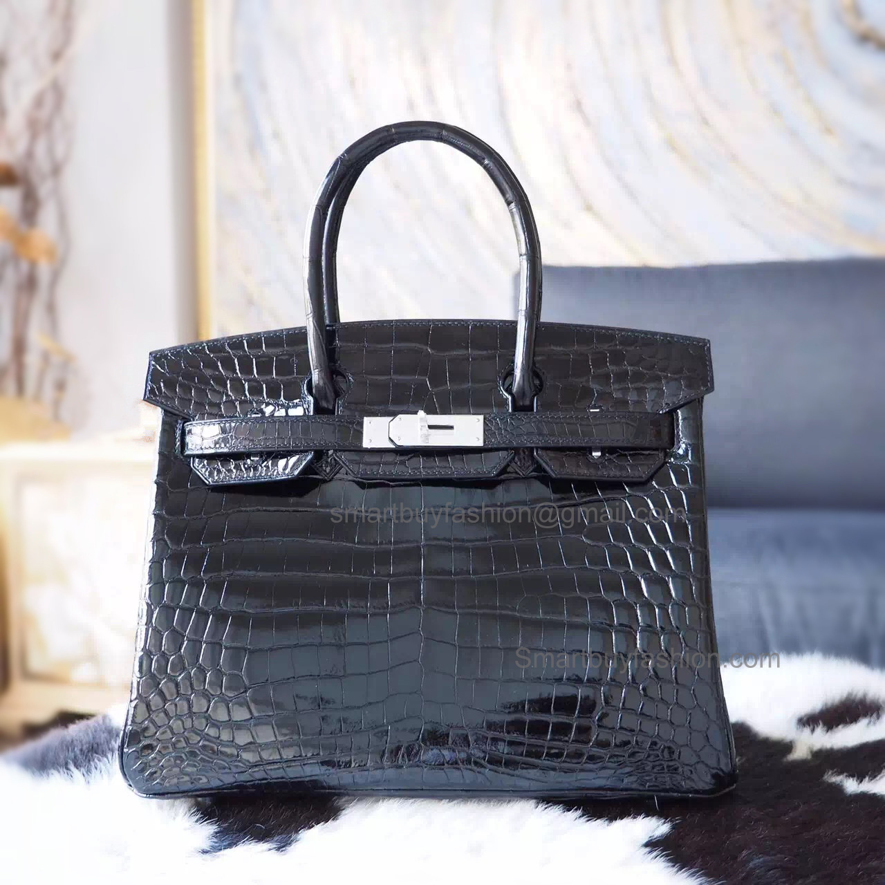 Hand Stitched Hermes Birkin 30 Bag in ck89 Noir Shining Niloticus Croc SHW