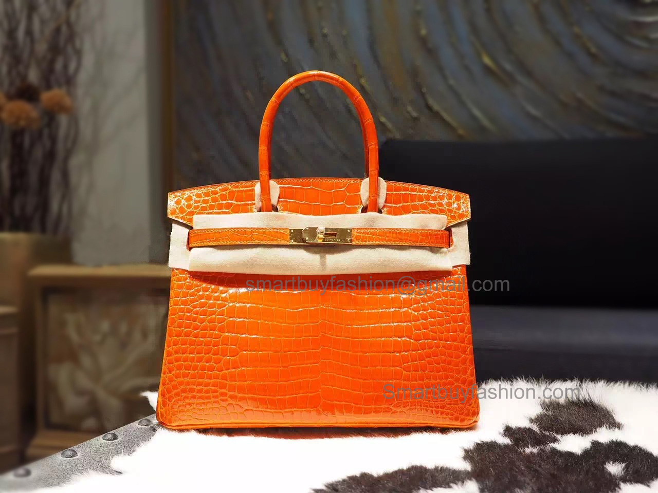 Hand Stitched Hermes Birkin 30 Bag in Orange H Shining Porosus Croc GHW