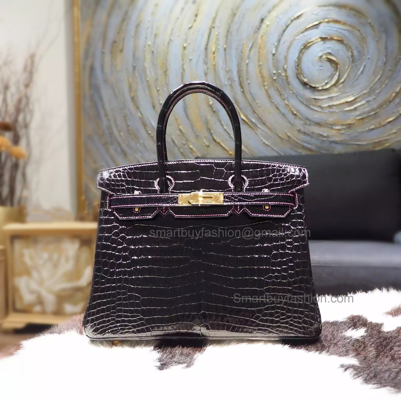 Hand Stitched Birkin 30 Bag in Bicolored ck89 Noir Shining Porosus Croc GHW