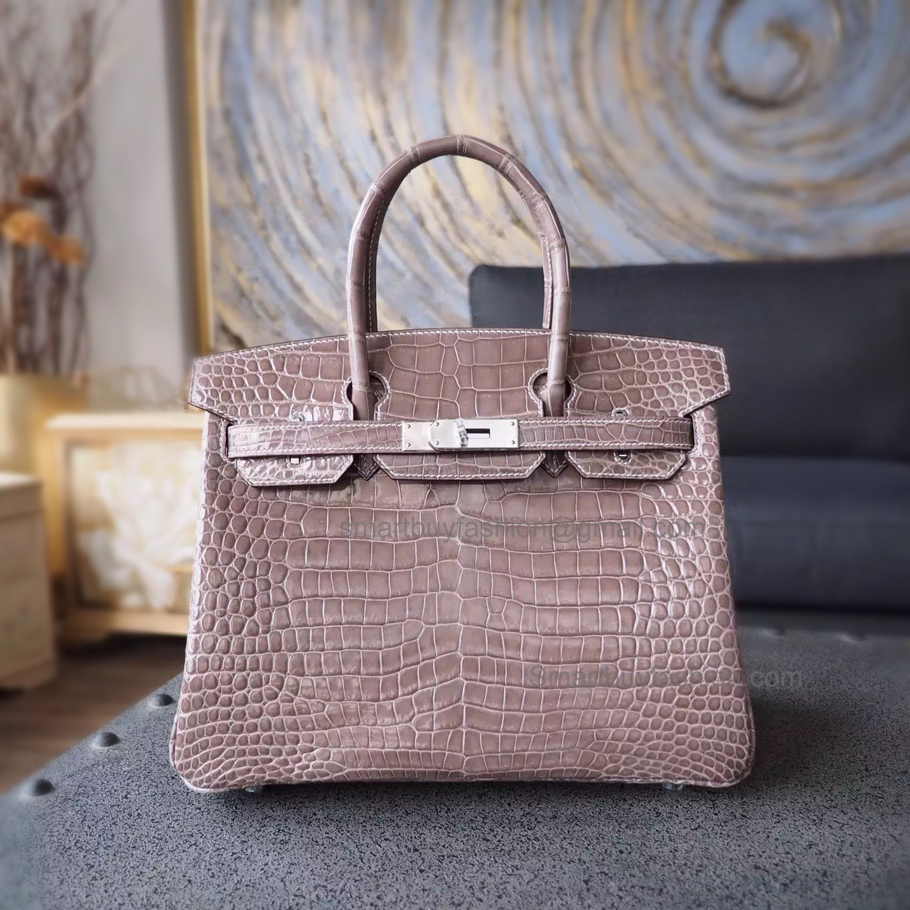 Hand Stitched Hermes Birkin 30 Bag in ck18 Etoupe Shining Porosus Croc SHW