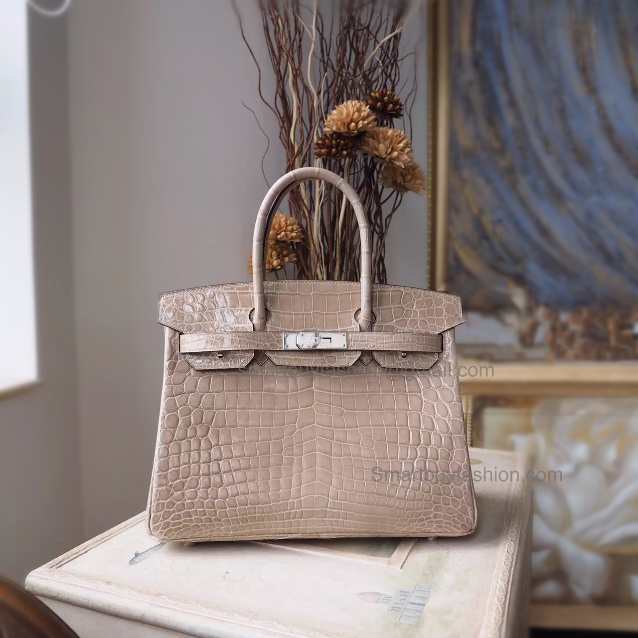 Hand Stitched Hermes Birkin 30 Bag in cc14 Beige Shining Porosus Croc SHW
