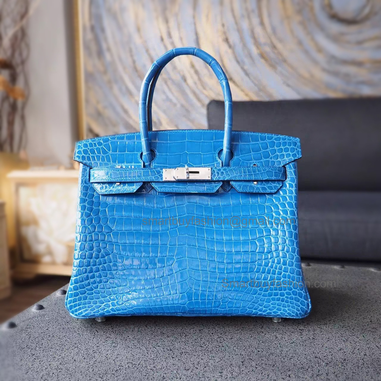 Hand Stitched Hermes Birkin 30 Bag in 7q Mykonos Shining Porosus Croc SHW