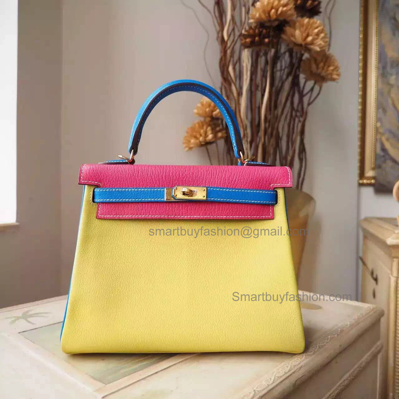 Replica Hermes Kelly 25 Bag in Multicolored c9 Soufre Chevre Myzore Goatskin GHW