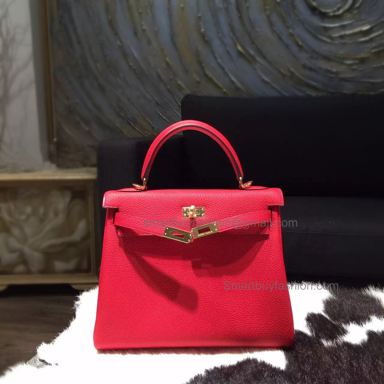 Replica Hermes Kelly 25 Handmade Bag in q5 Rouge Casaque Clemence Calfskin GHW