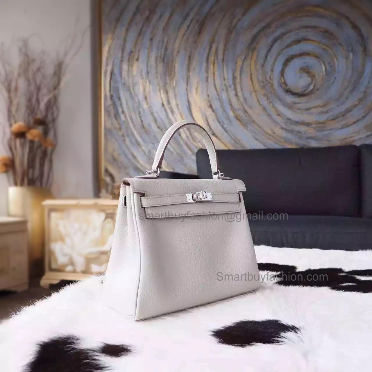 Replica Hermes Kelly 25 Handmade Bag in ck80 Pearl Grey Clemence Calfskin SHW