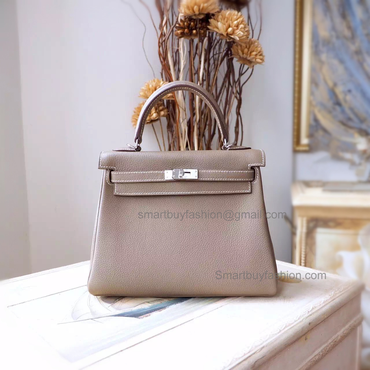 Best Copy Hermes Kelly 25 Handmade Bag in ck18 Etoupe Togo Calfskin SHW