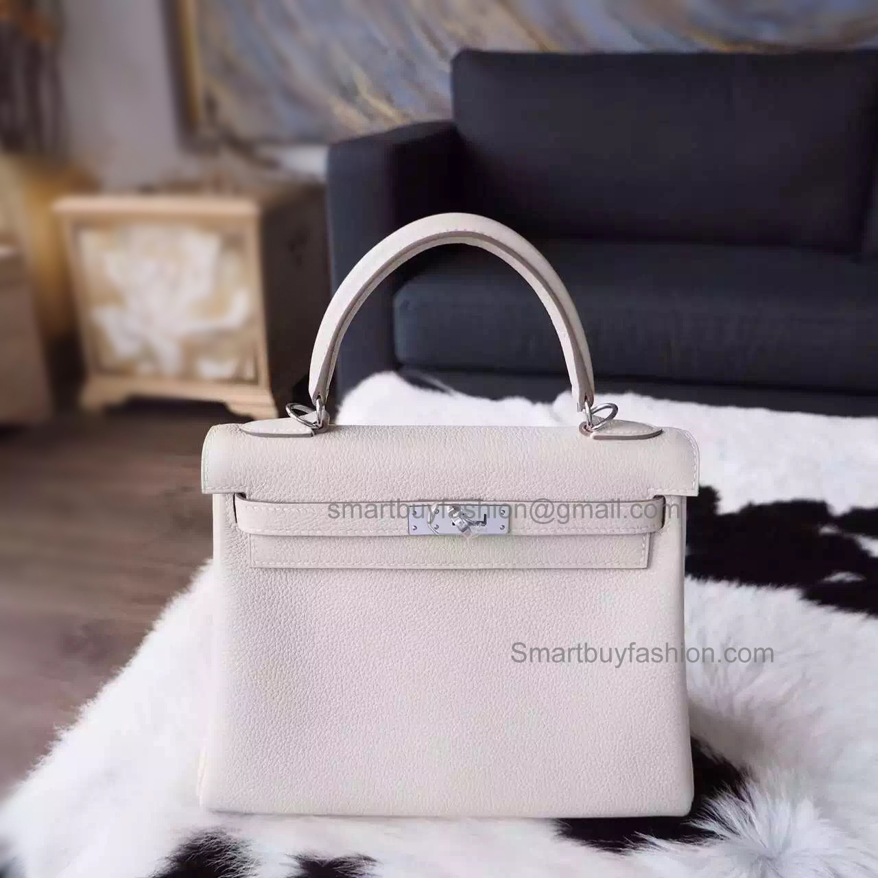 Best Copy Hermes Kelly 25 Handmade Bag in cc10 Craie Togo Calfskin SHW